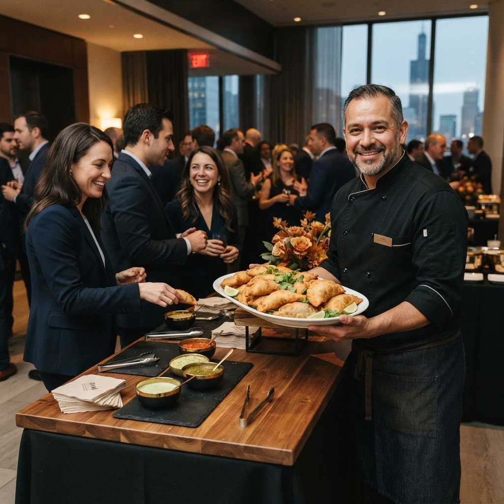 A chef presenting fried empanadas to guests at a corporate event