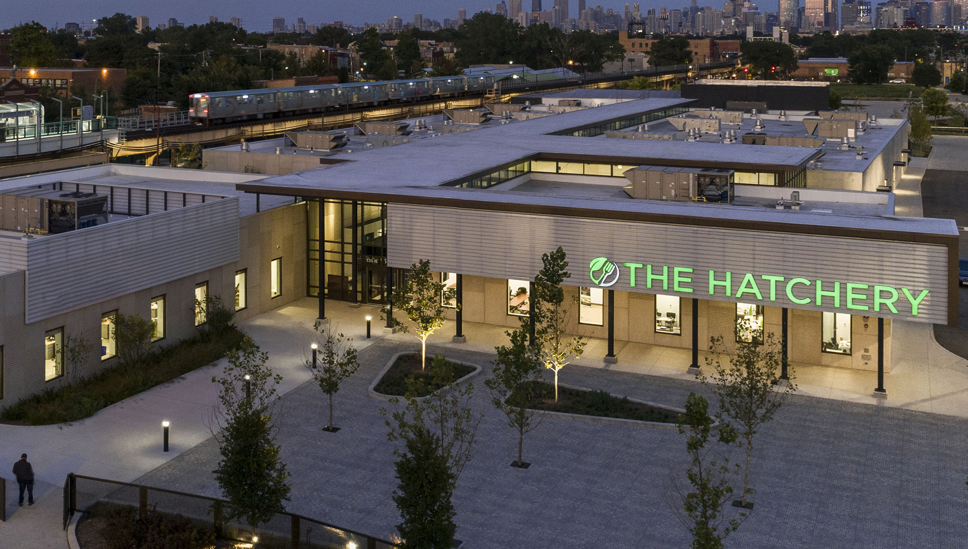 The Hatchery Chicago event venue at dusk