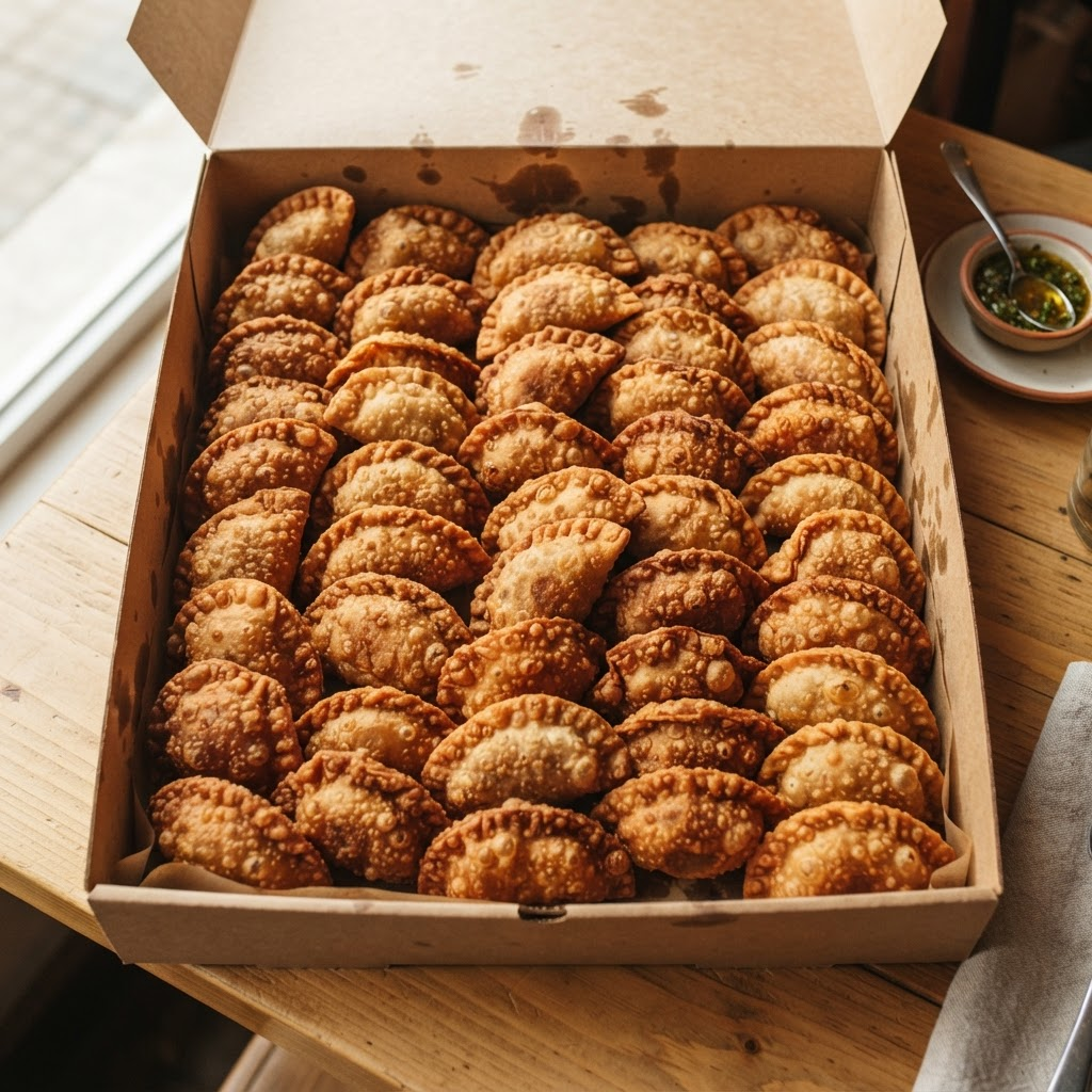 Catering box filled with crispy fried empanadas
