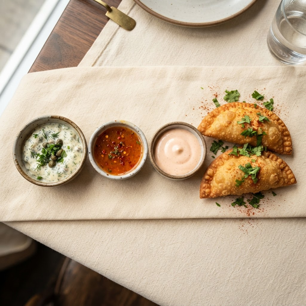 Tartar, spicy mix, and pink dipping sauces with fried empanadas