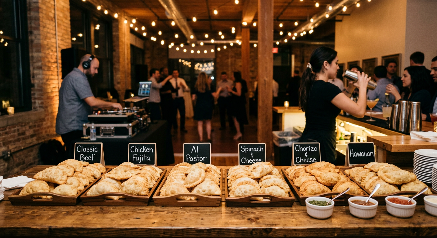 A DJ, a bartender mixing cocktails, and a buffet of golden fried empanadas labeled Classic Beef, Chicken Fajita, Al Pastor, Spinach & Cheese, Chorizo & Cheese and Hawaiian at a private event